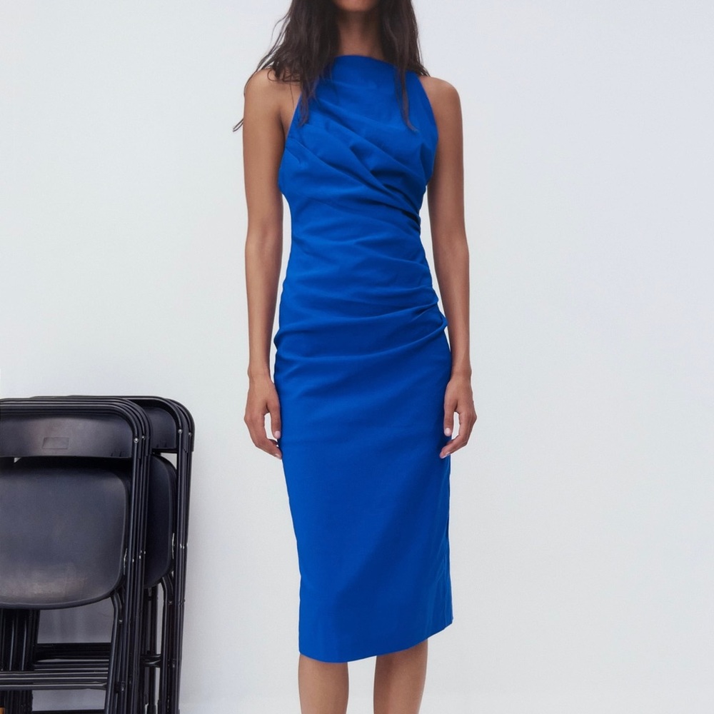 Zara Blue Pencil Midi Slip Dress Strappy